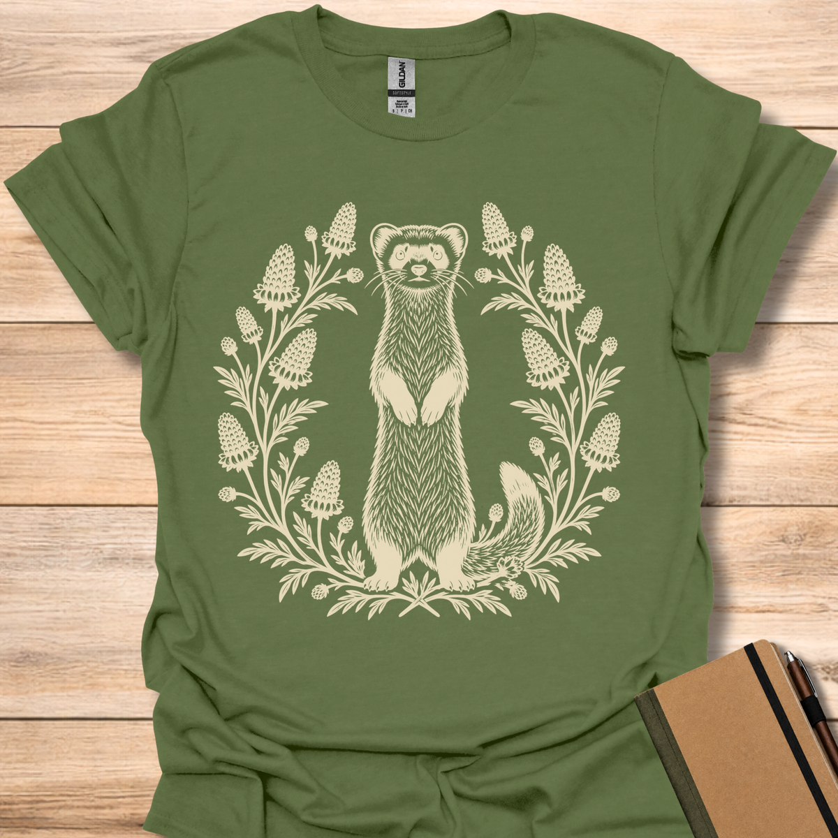 Black-Footed Ferret Block Print - Military Green