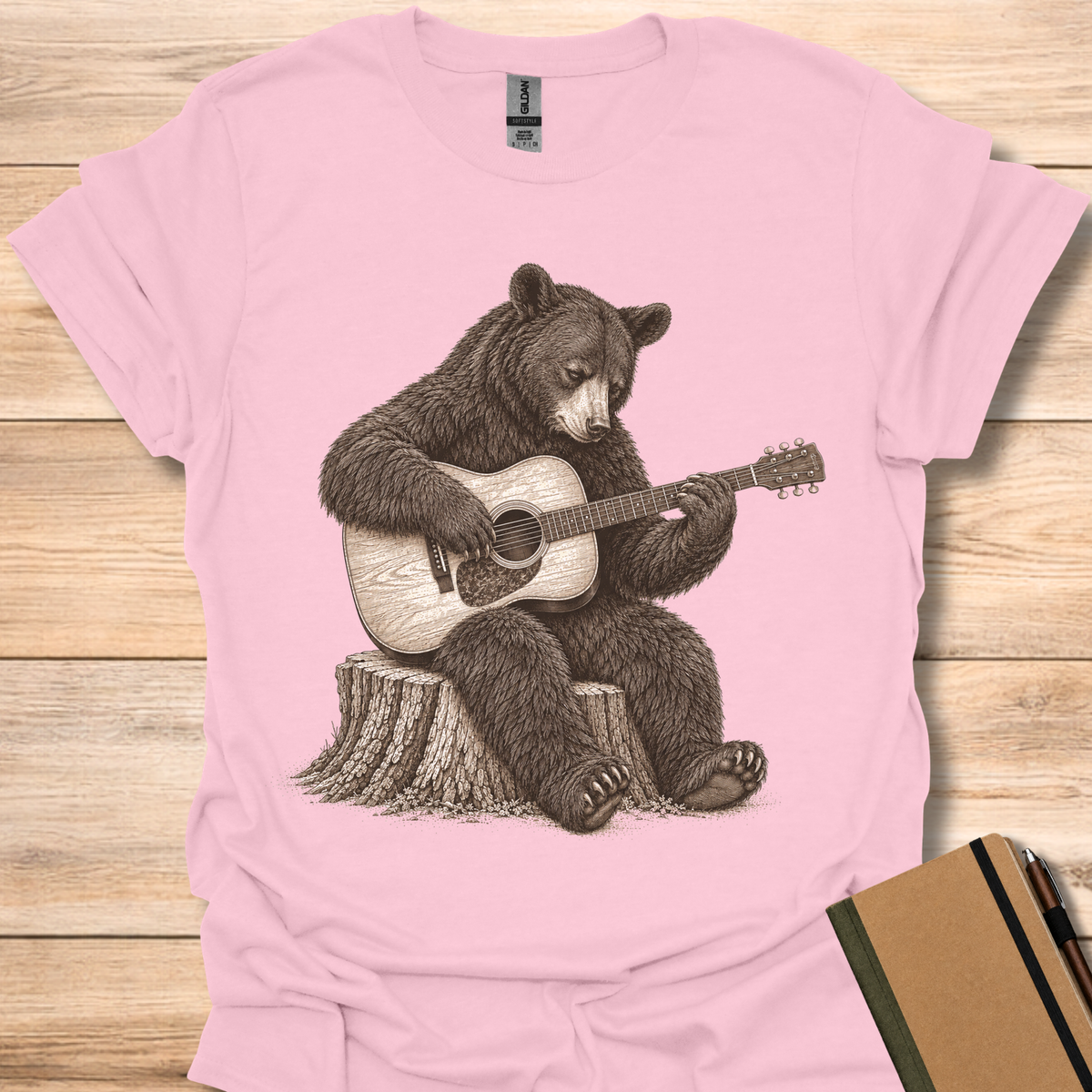 Black Bear On Guitar - Light Pink