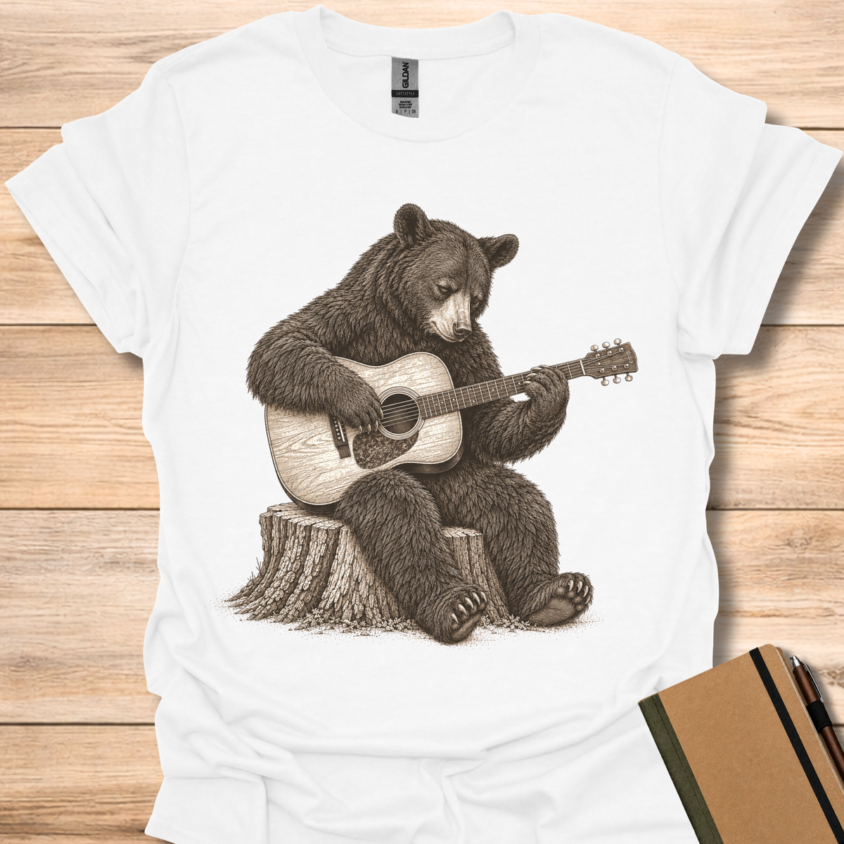 Black Bear On Guitar - White