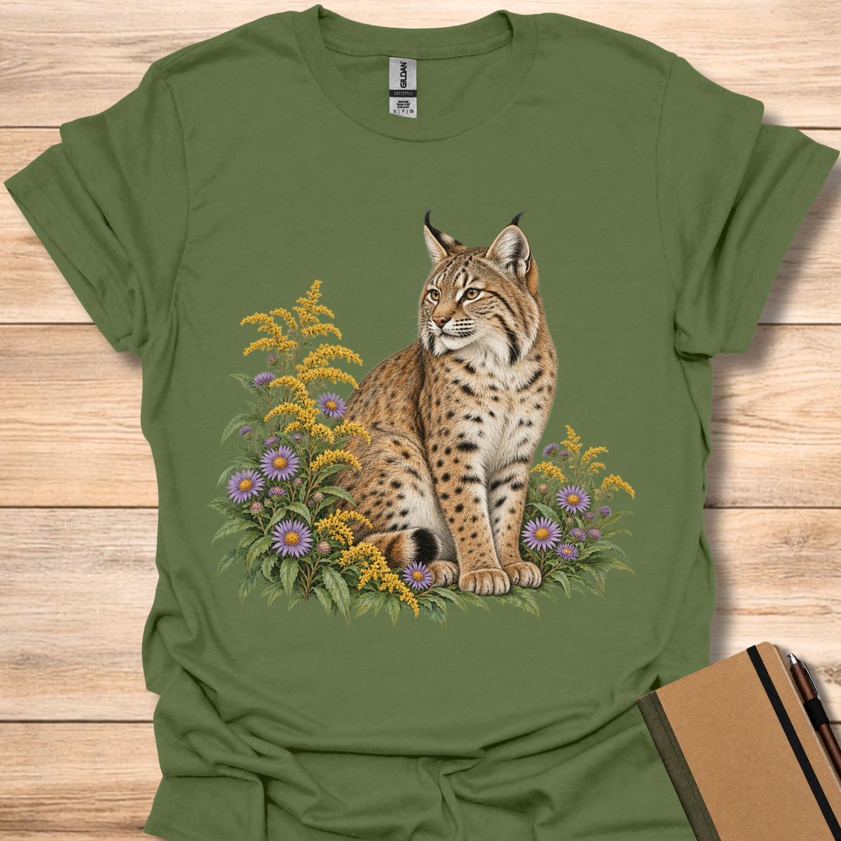 Bobcat In Goldenrod & Asters - Military Green