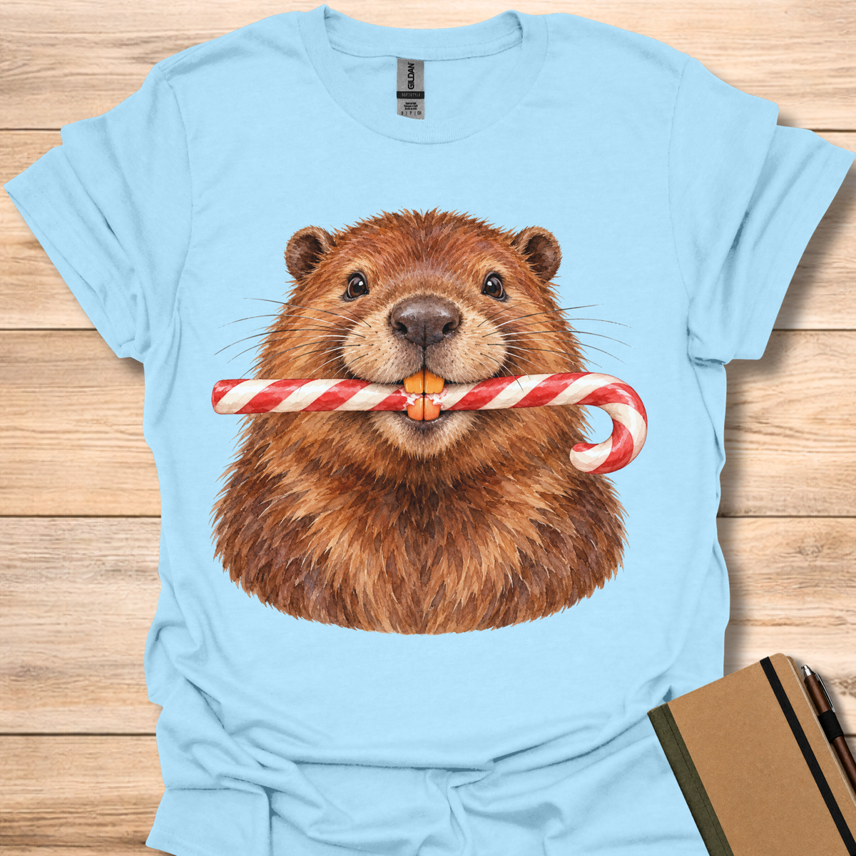 Candy Cane Beaver Watercolor - Light Blue