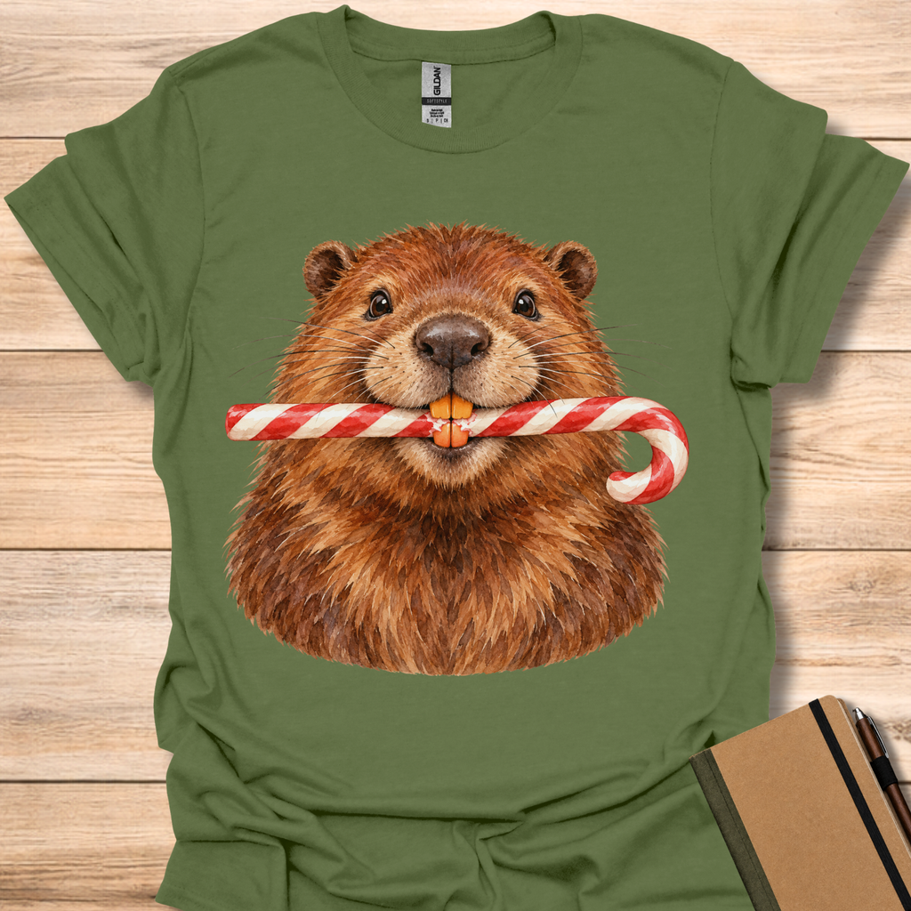 Candy Cane Beaver Watercolor - Military Green