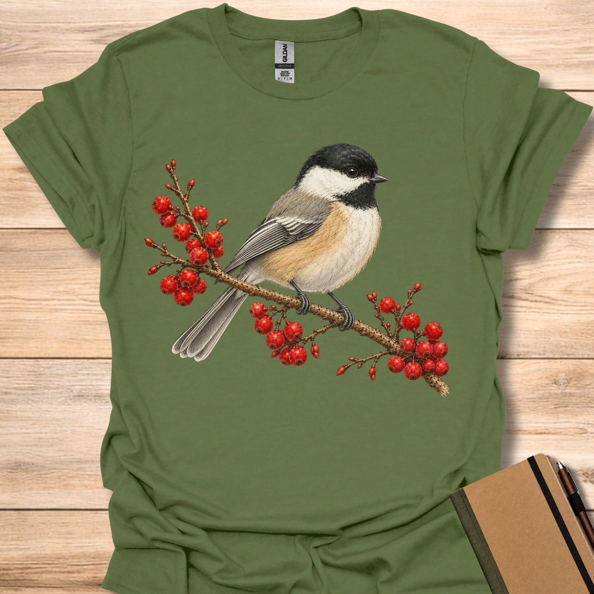 Chickadee On Winterberry - Military Green