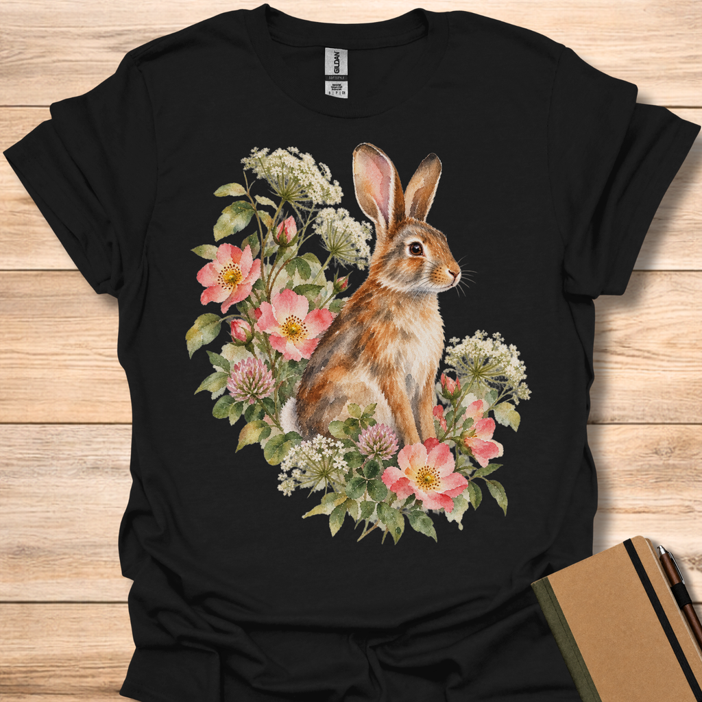 Eastern Cottontail Wild Rose Watercolor - Black
