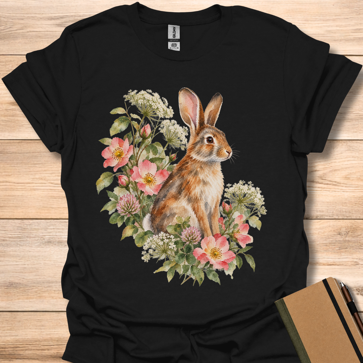 Eastern Cottontail Wild Rose Watercolor - Black