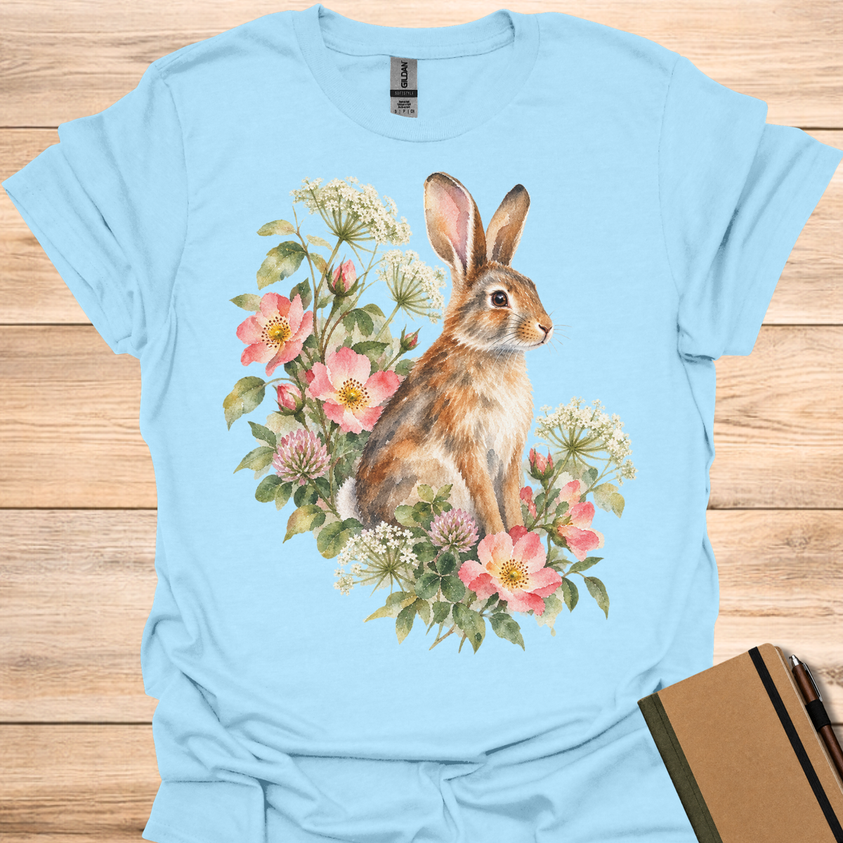 Eastern Cottontail Wild Rose Watercolor - Light Blue