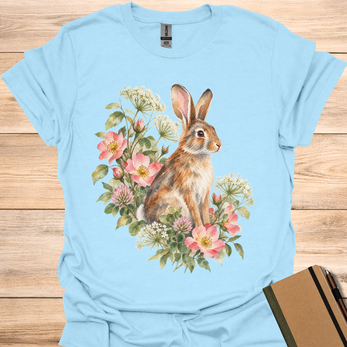 Eastern Cottontail Wild Rose Watercolor - Light Blue