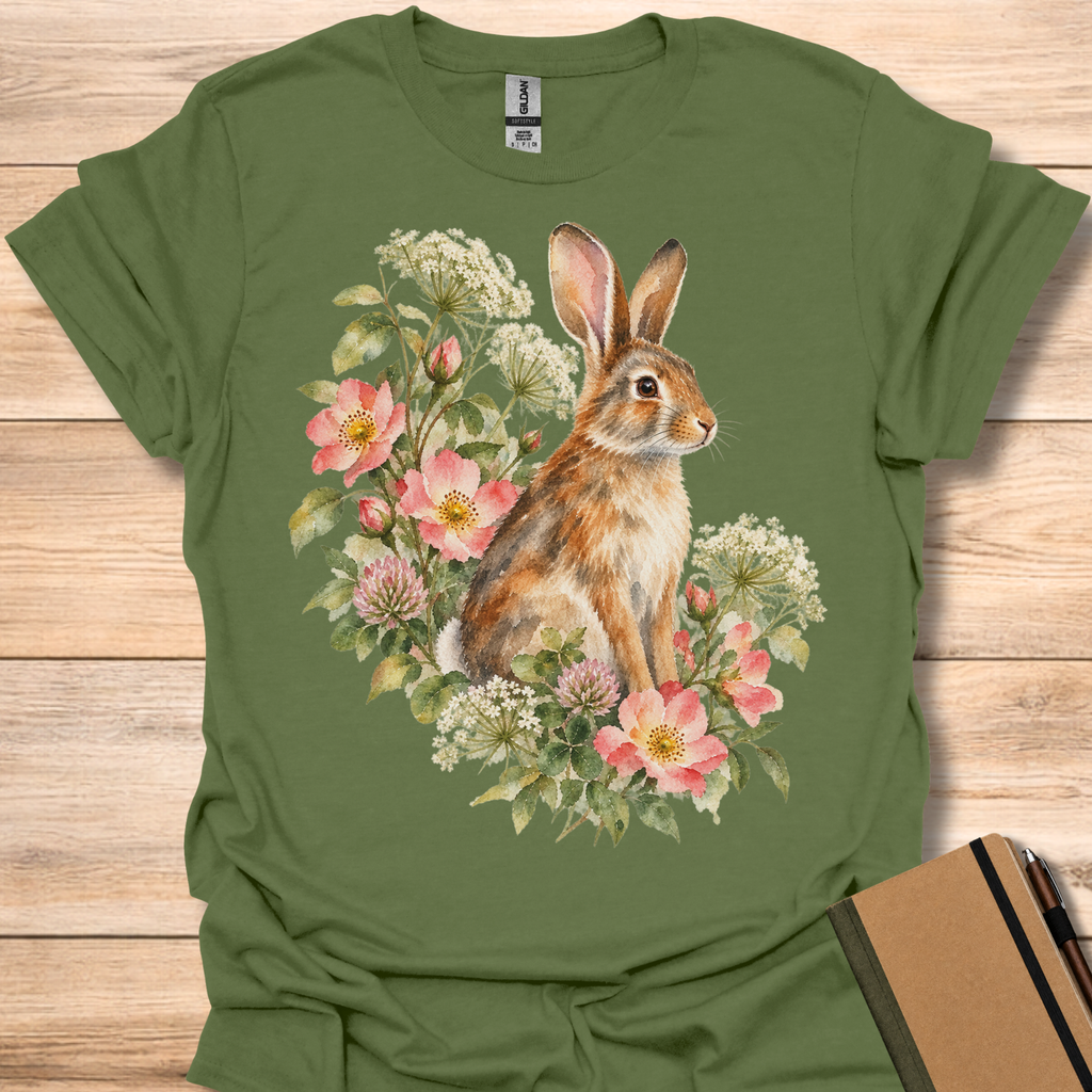 Eastern Cottontail Wild Rose Watercolor - Military Green