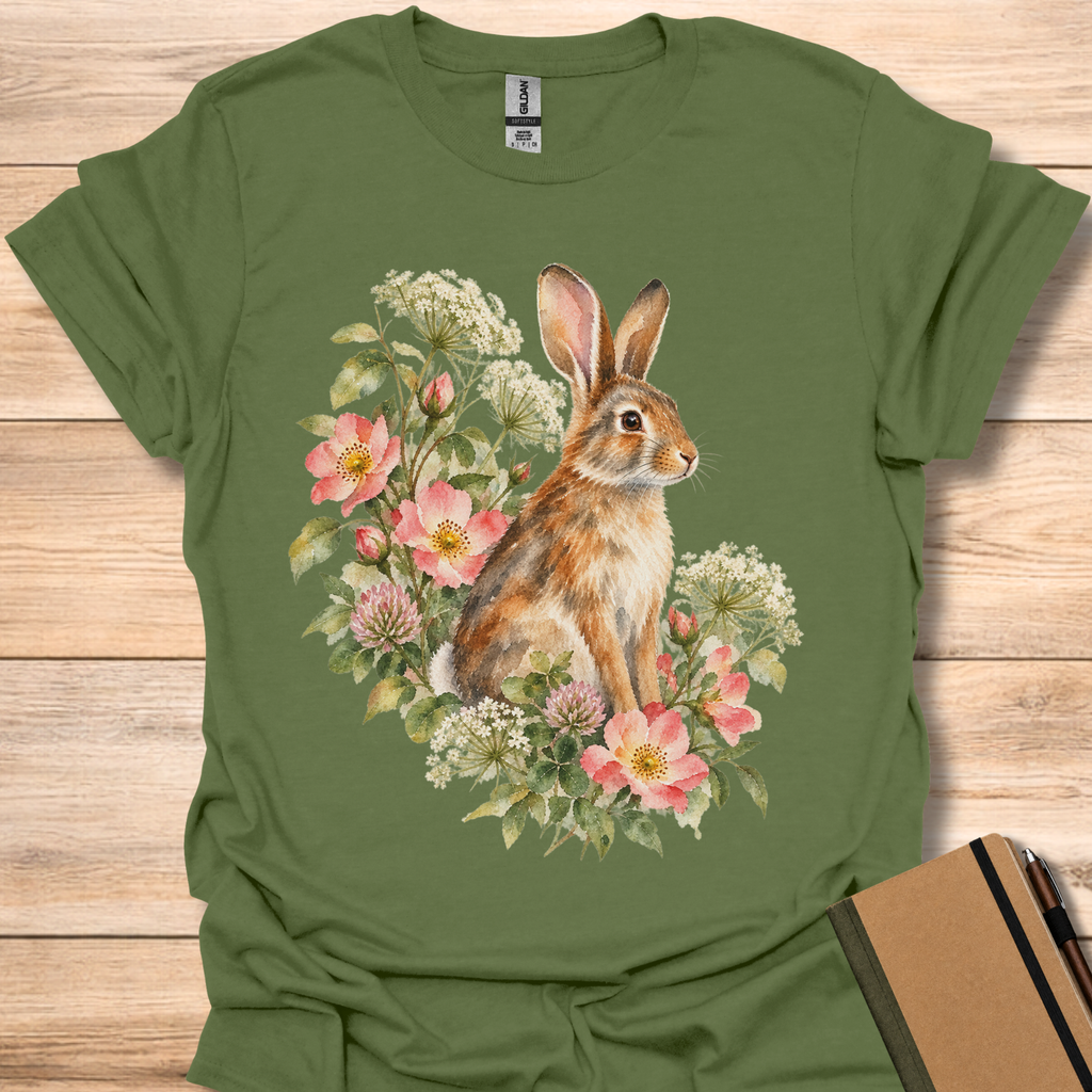 Eastern Cottontail Wild Rose Watercolor - Military Green