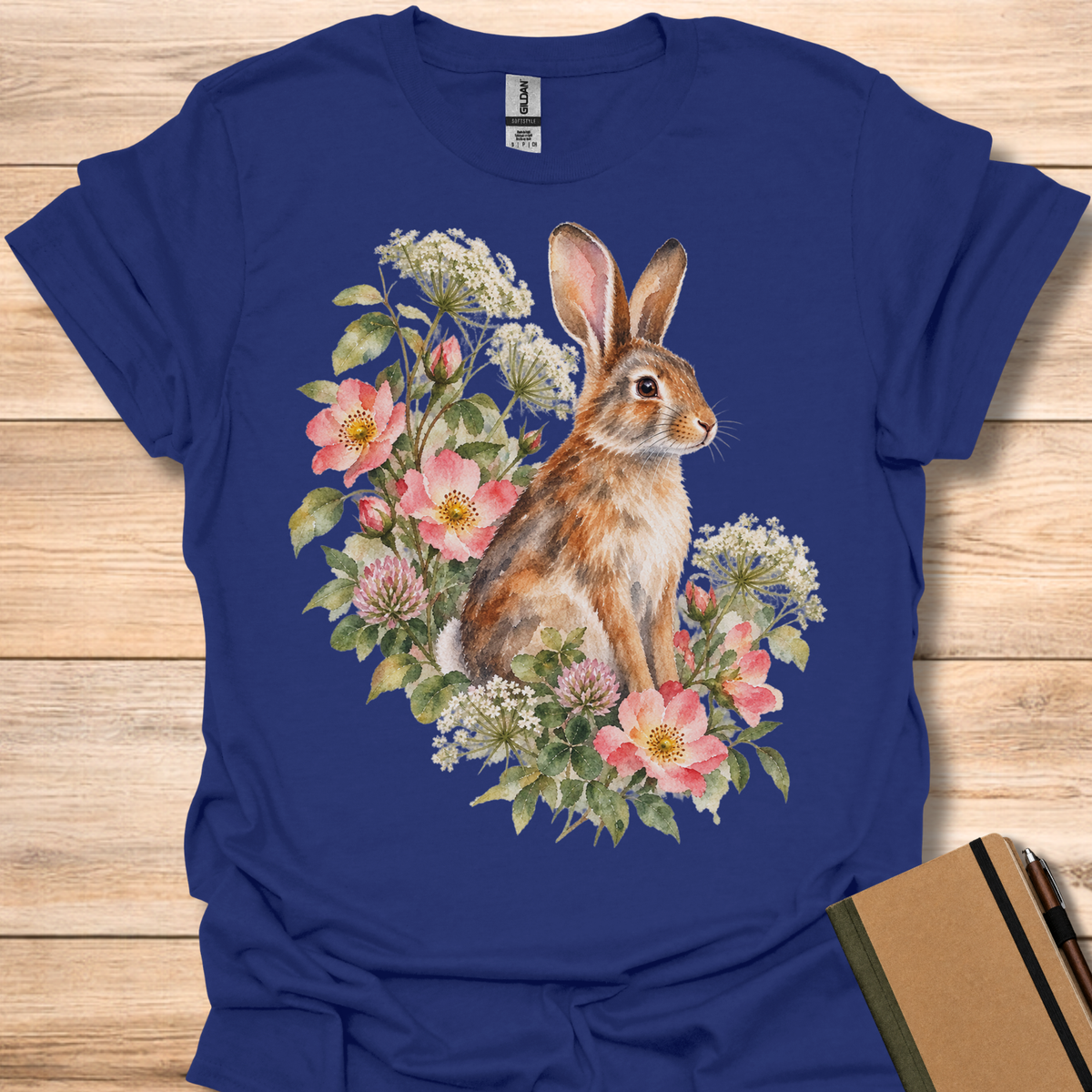 Eastern Cottontail Wild Rose Watercolor - Navy