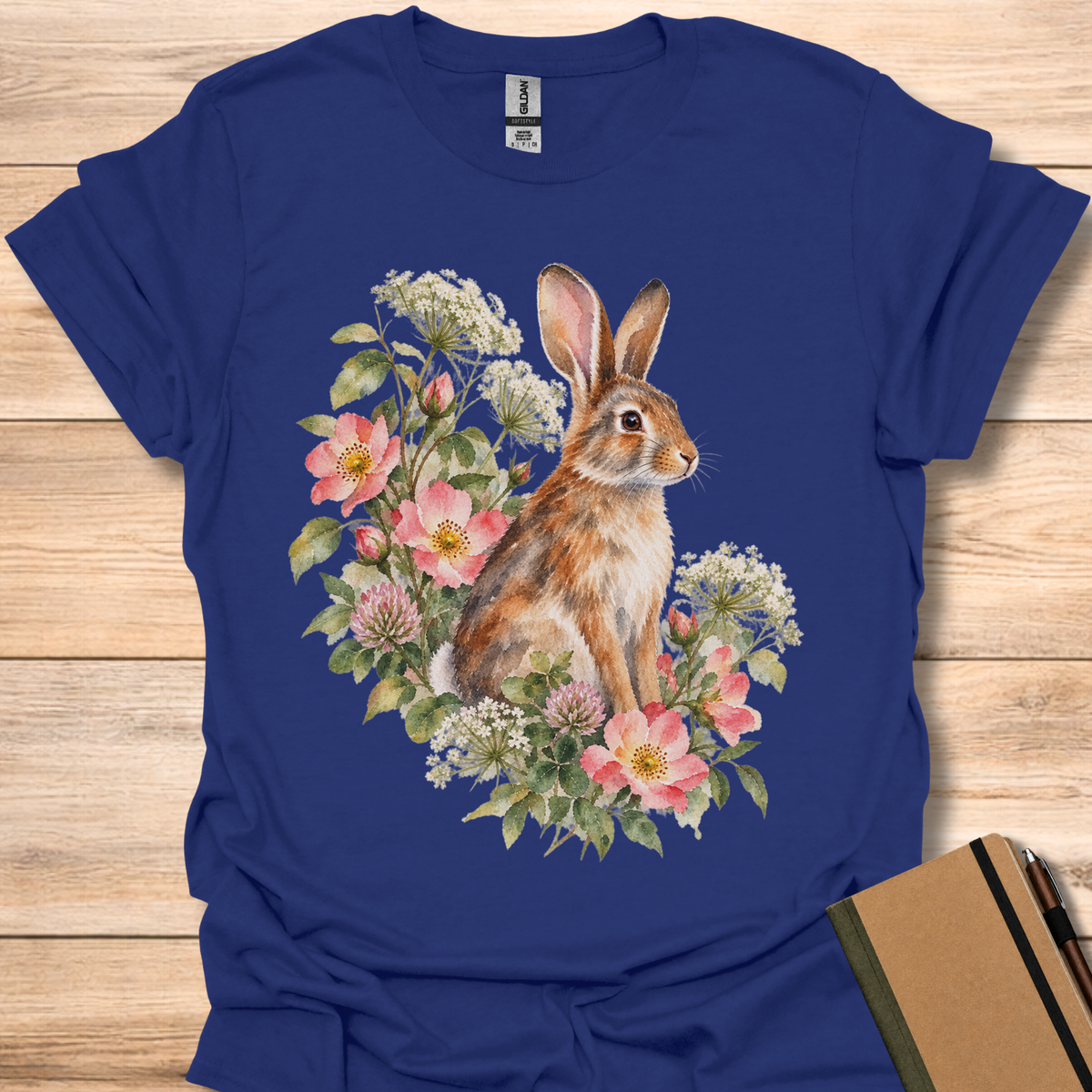 Eastern Cottontail Wild Rose Watercolor - Navy