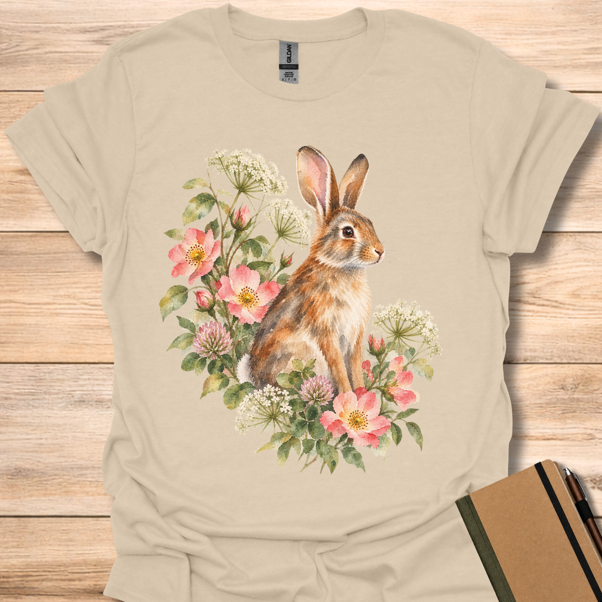 Eastern Cottontail Wild Rose Watercolor - Sand