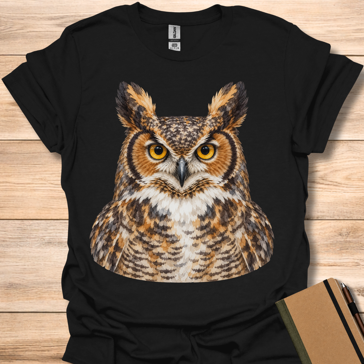Great Horned Owl Watercolor Portrait - Black