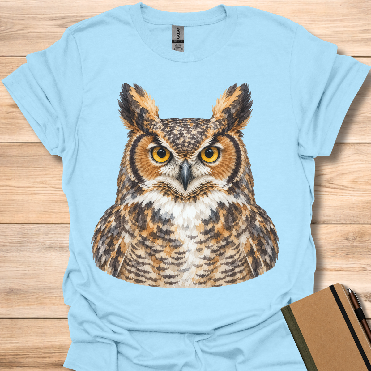 Great Horned Owl Watercolor Portrait - Light Blue