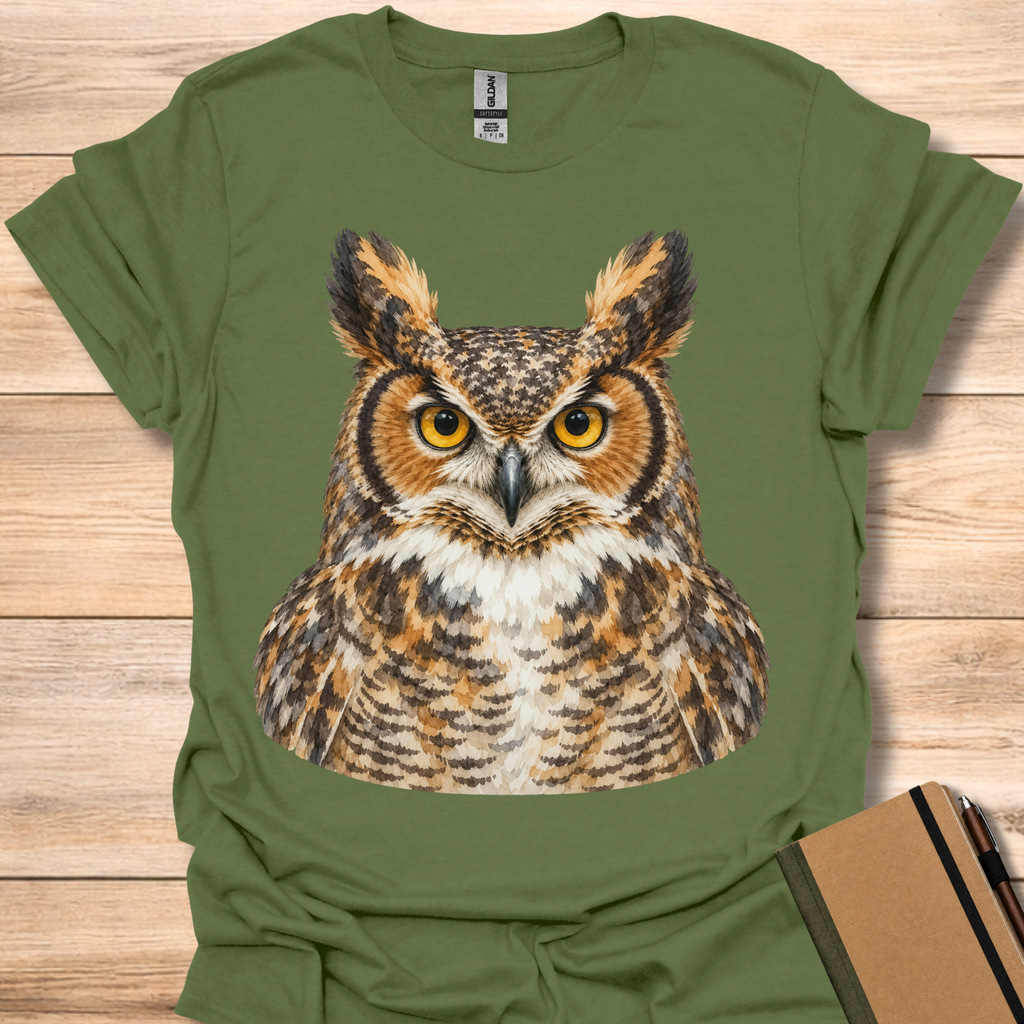 Great Horned Owl Watercolor Portrait - Military Green