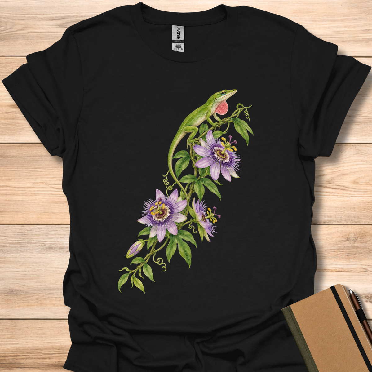 Green Anole On Passionflower - Black