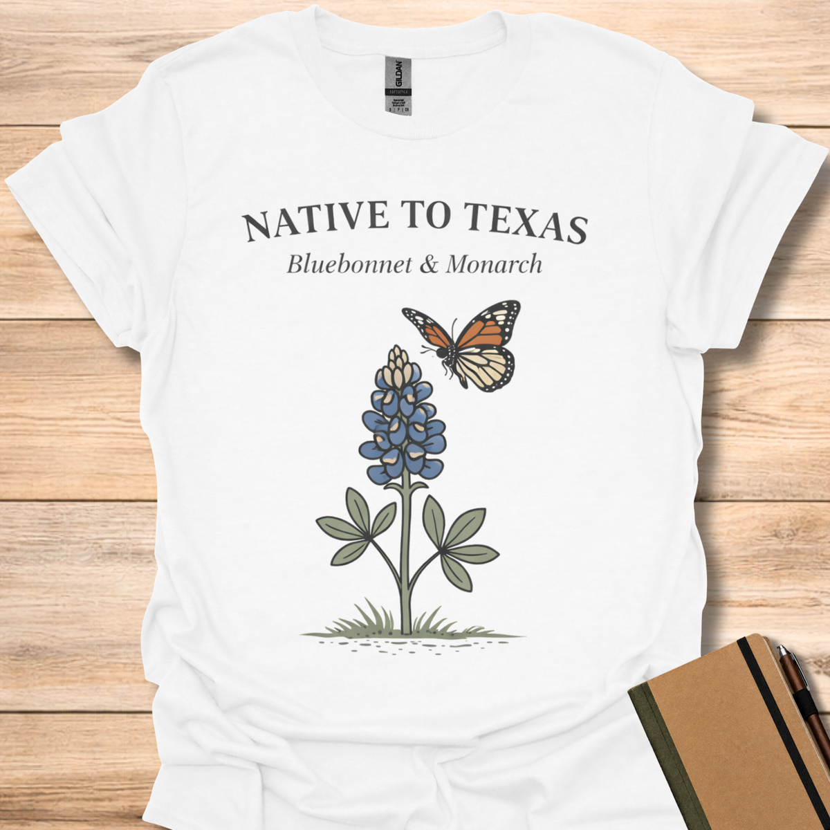 Native to Texas Bluebonnet & Monarch - White