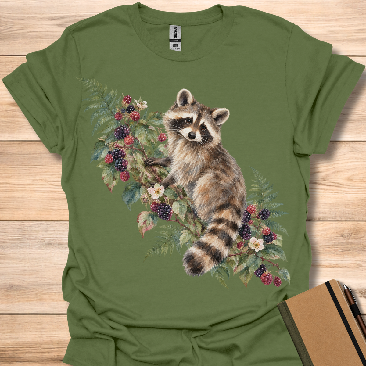Raccoon Blackberry Watercolor - Military Green