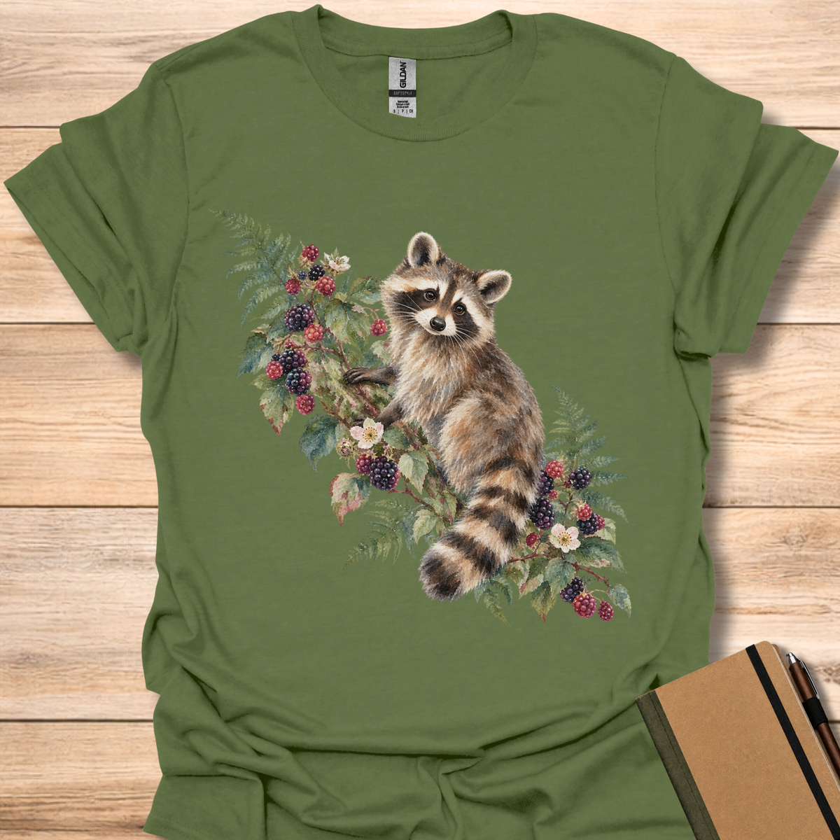 Raccoon Blackberry Watercolor - Military Green