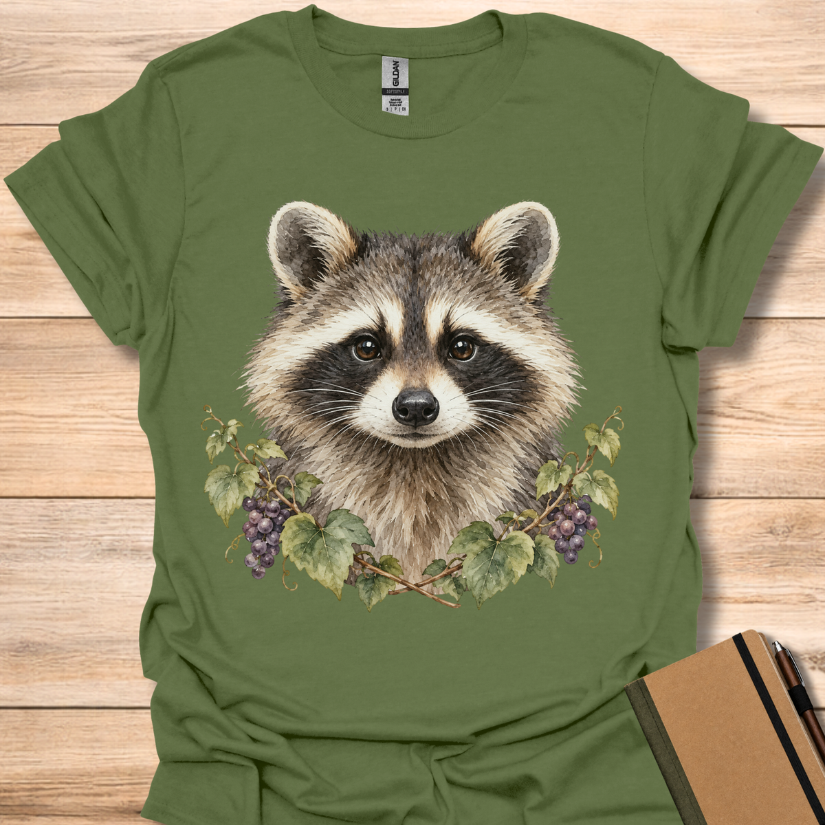 Raccoon Watercolor Portrait - Military Green