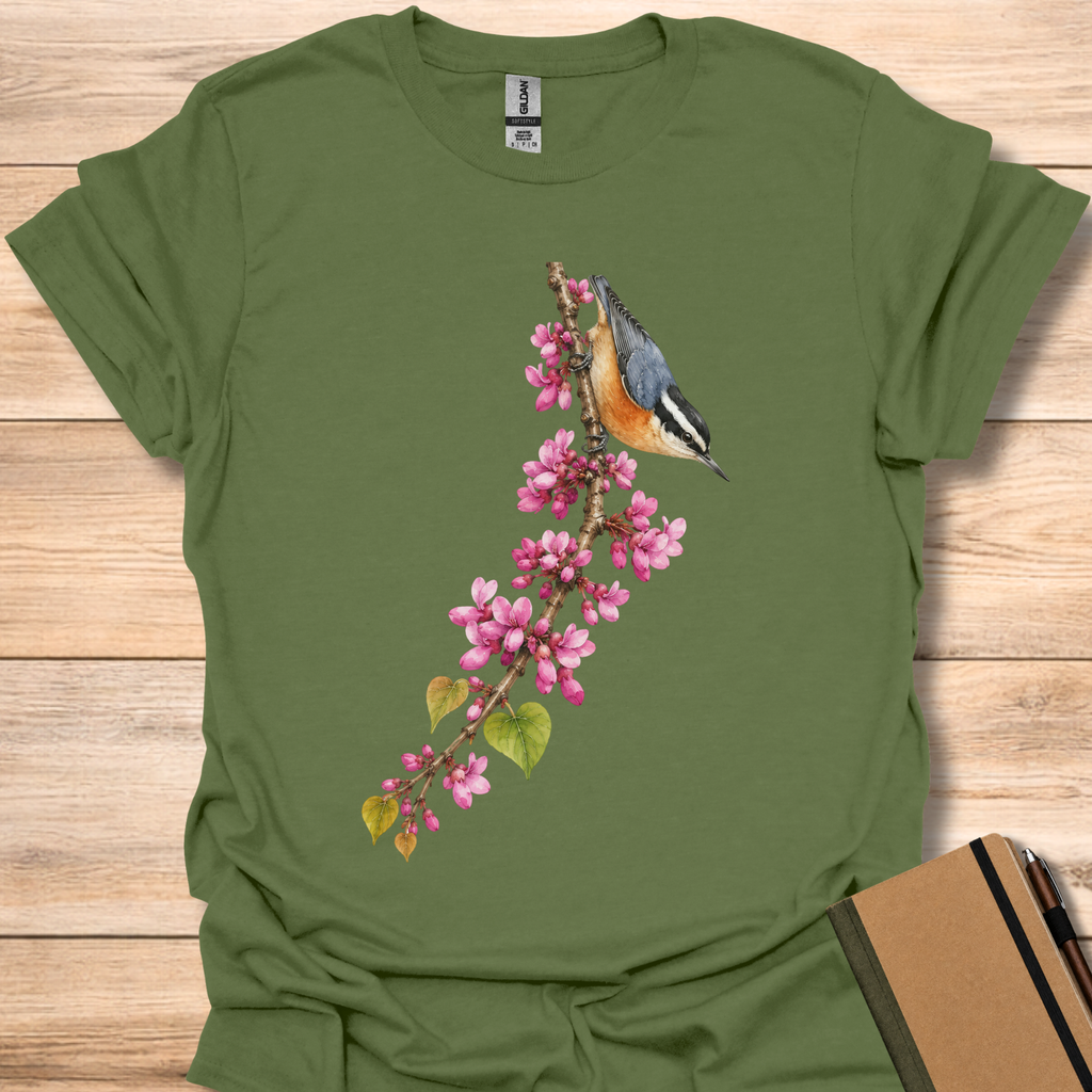 Red-breasted Nuthatch On Redbud - Military Green