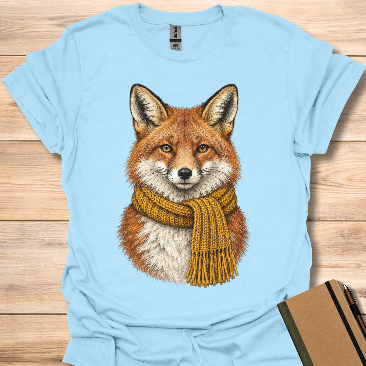 Red Fox In A Knit Scarf - Light Blue