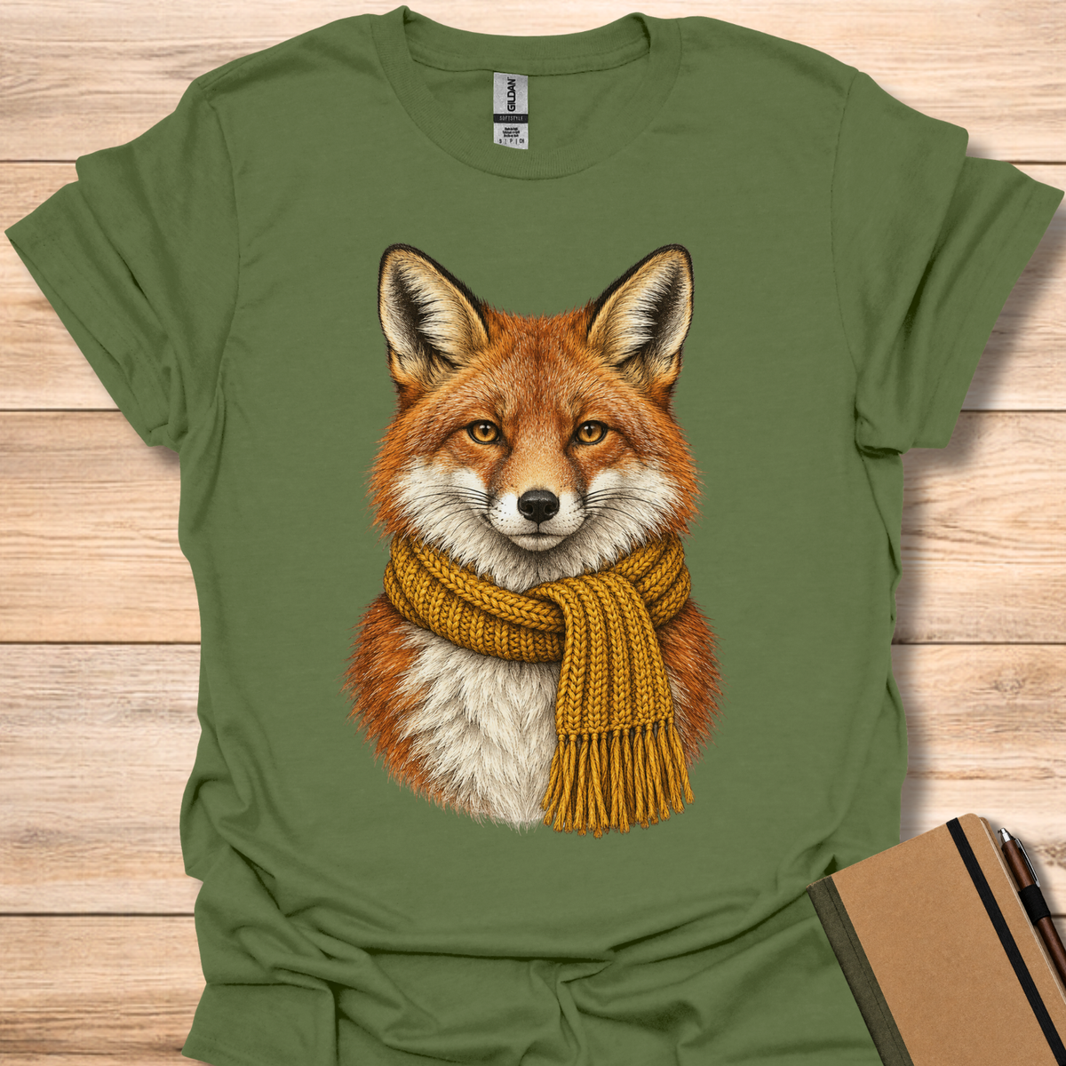 Red Fox In A Knit Scarf - Military Green