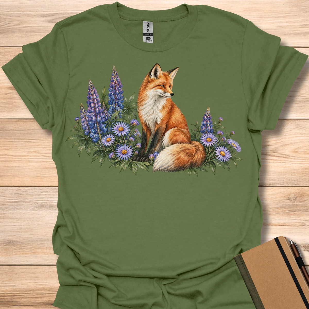 Red Fox Lupine & Aster Watercolor - Military Green