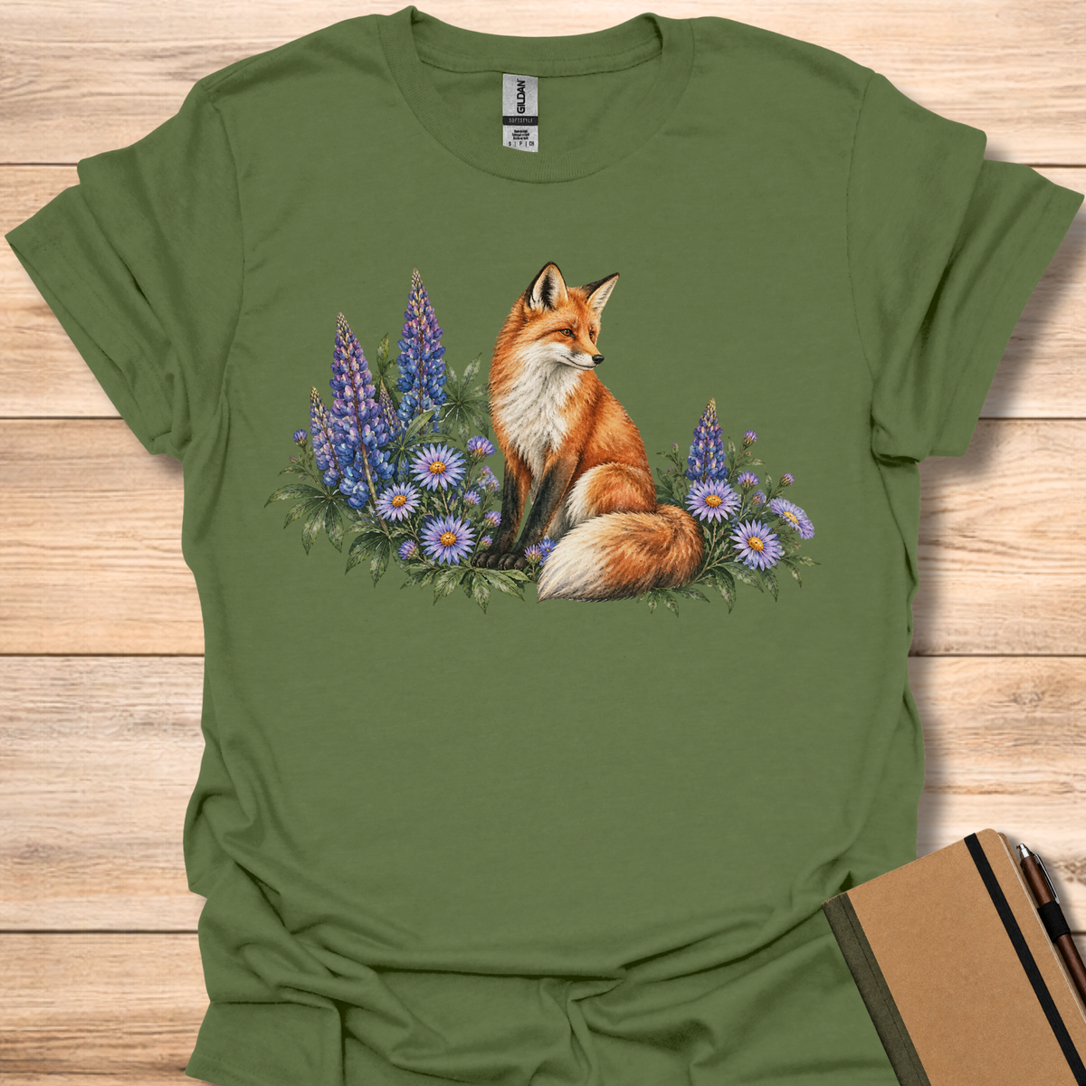 Red Fox Lupine & Aster Watercolor - Military Green