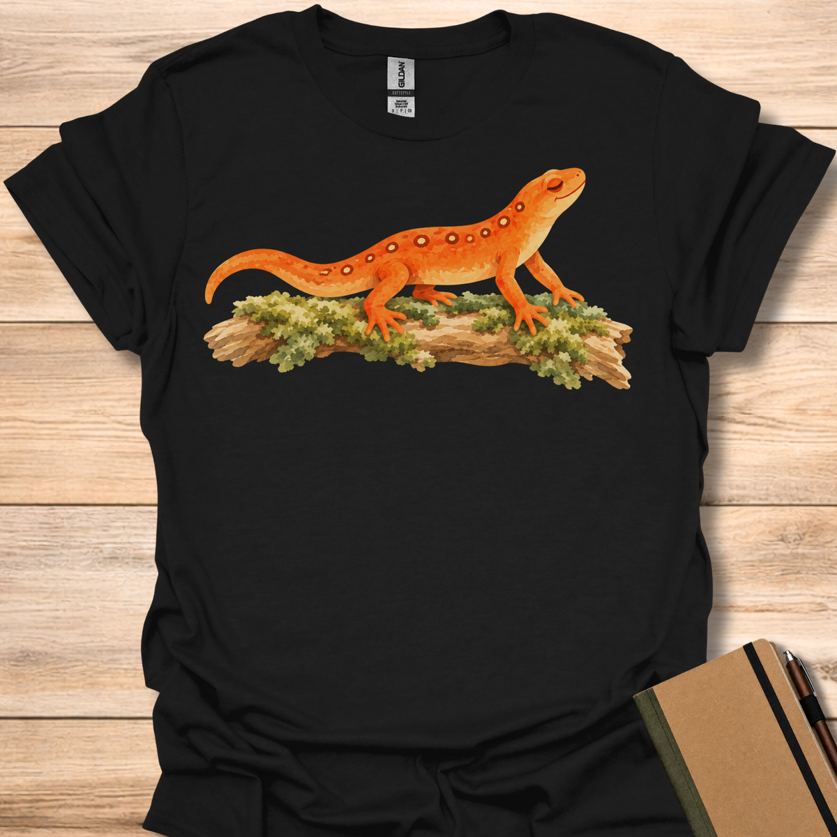 Serene Orange Newt On Mossy Log - Black