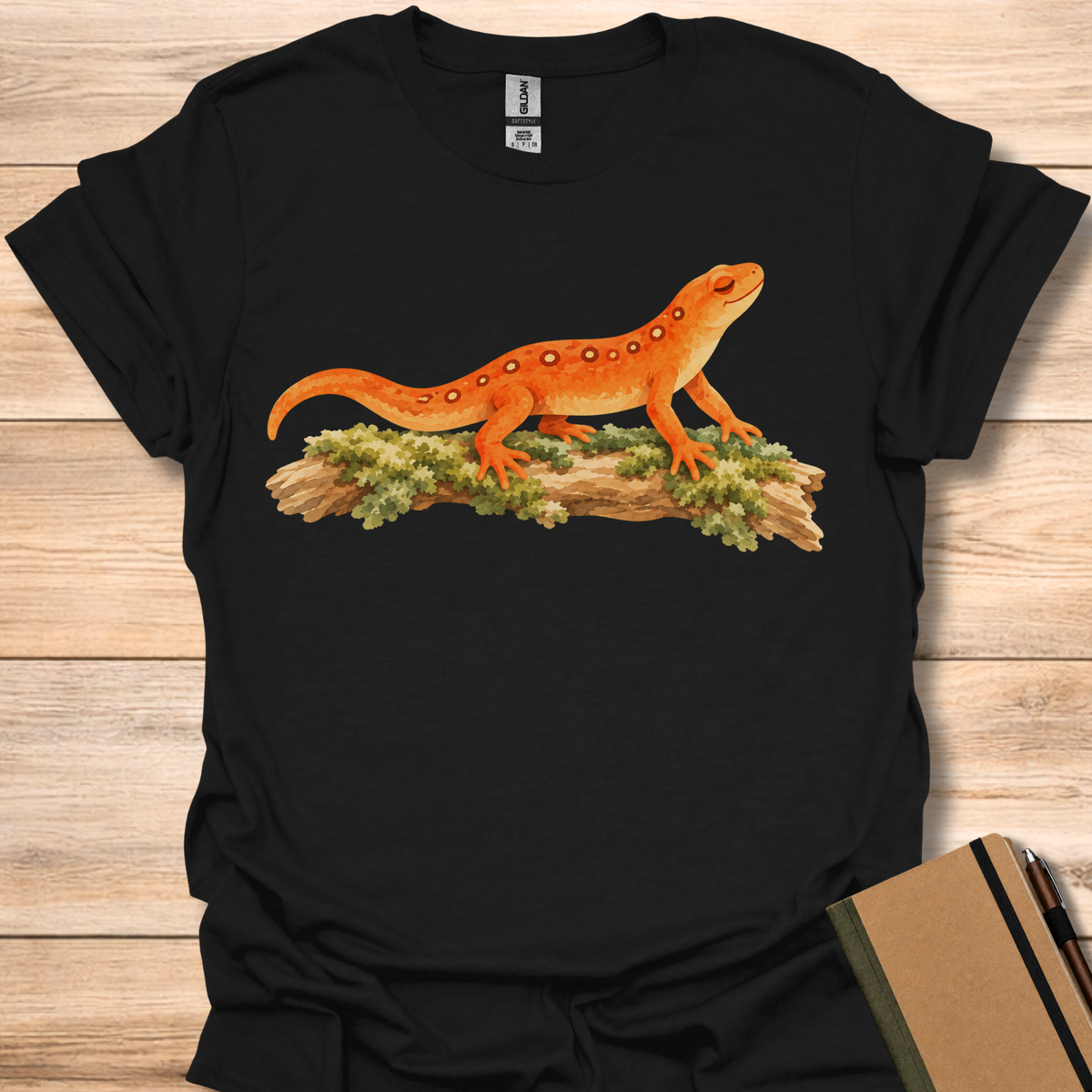 Serene Orange Newt On Mossy Log - Black