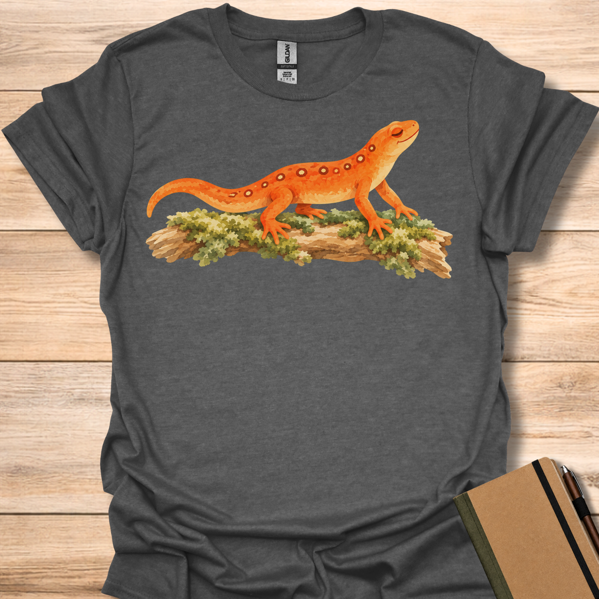 Serene Orange Newt On Mossy Log - Dark Heather