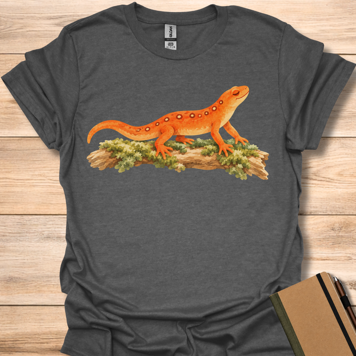 Serene Orange Newt On Mossy Log - Dark Heather