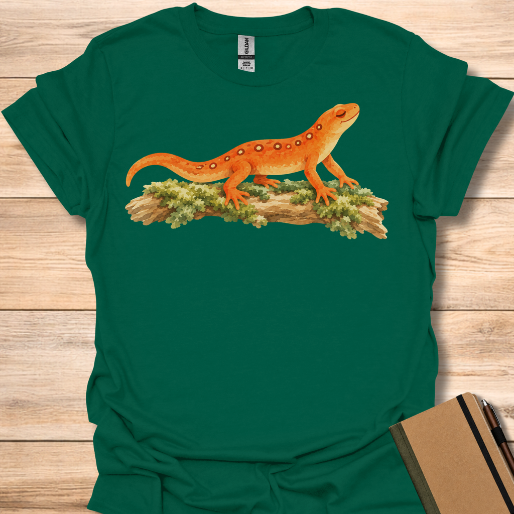 Serene Orange Newt On Mossy Log - Forest Green