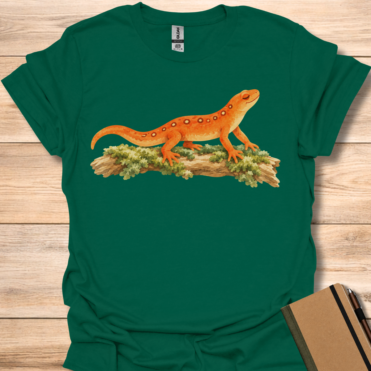 Serene Orange Newt On Mossy Log - Forest Green