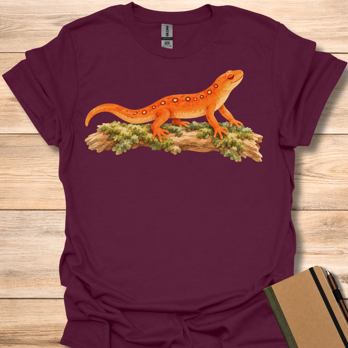 Serene Orange Newt On Mossy Log - Maroon