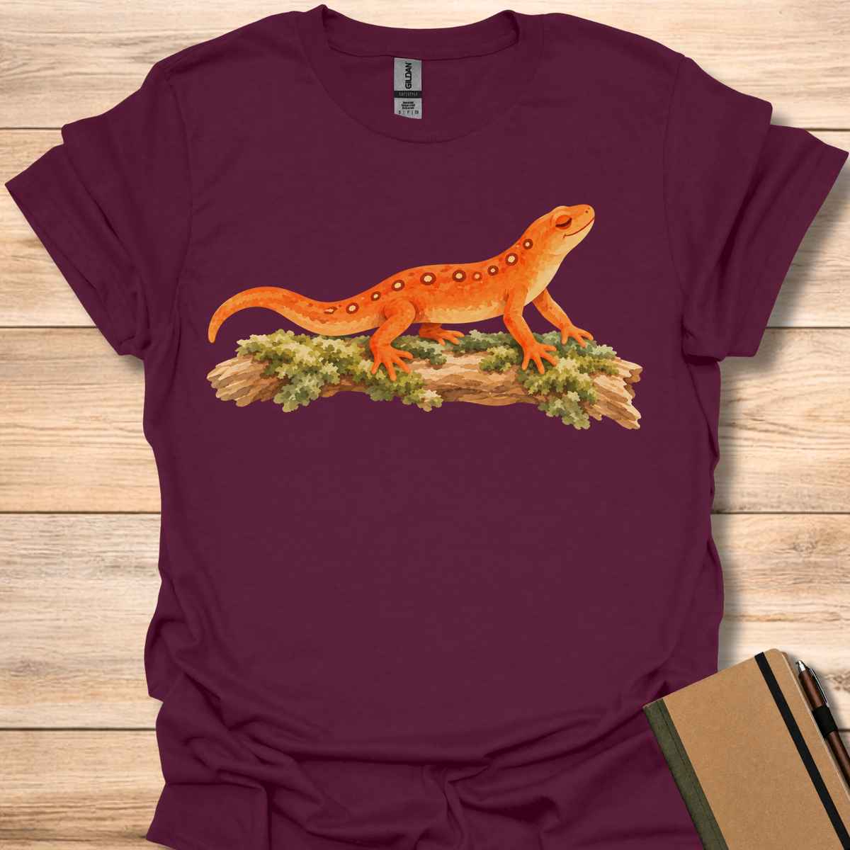 Serene Orange Newt On Mossy Log - Maroon