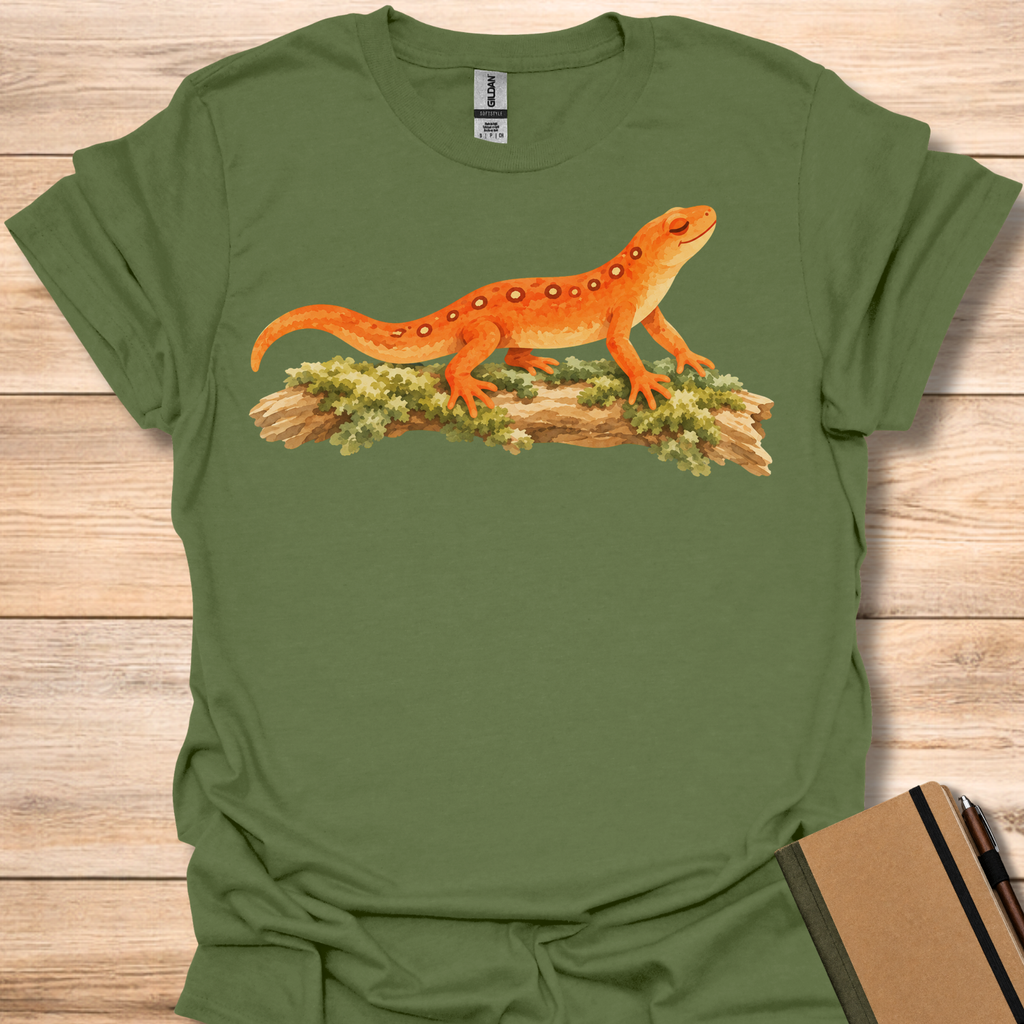 Serene Orange Newt On Mossy Log - Military Green