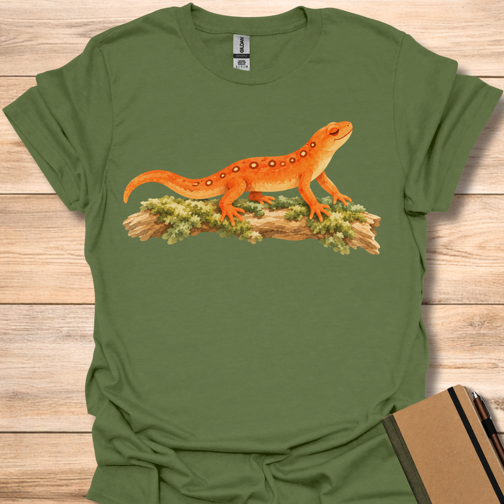 Serene Orange Newt On Mossy Log - Military Green