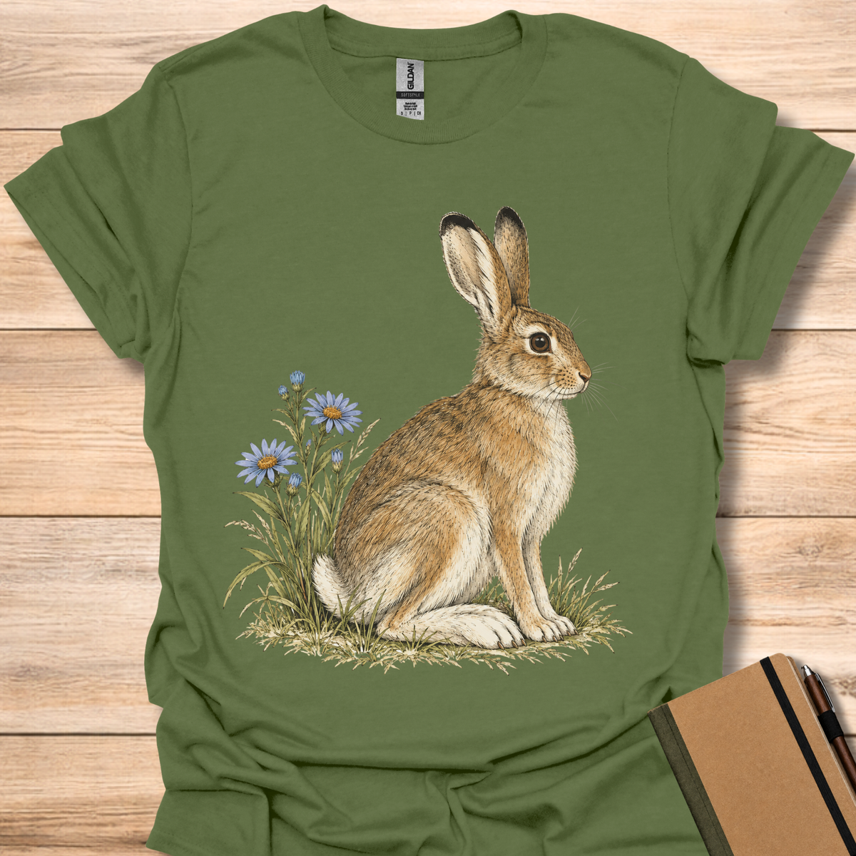 Snowshoe Hare With Blue Asters - Military Green