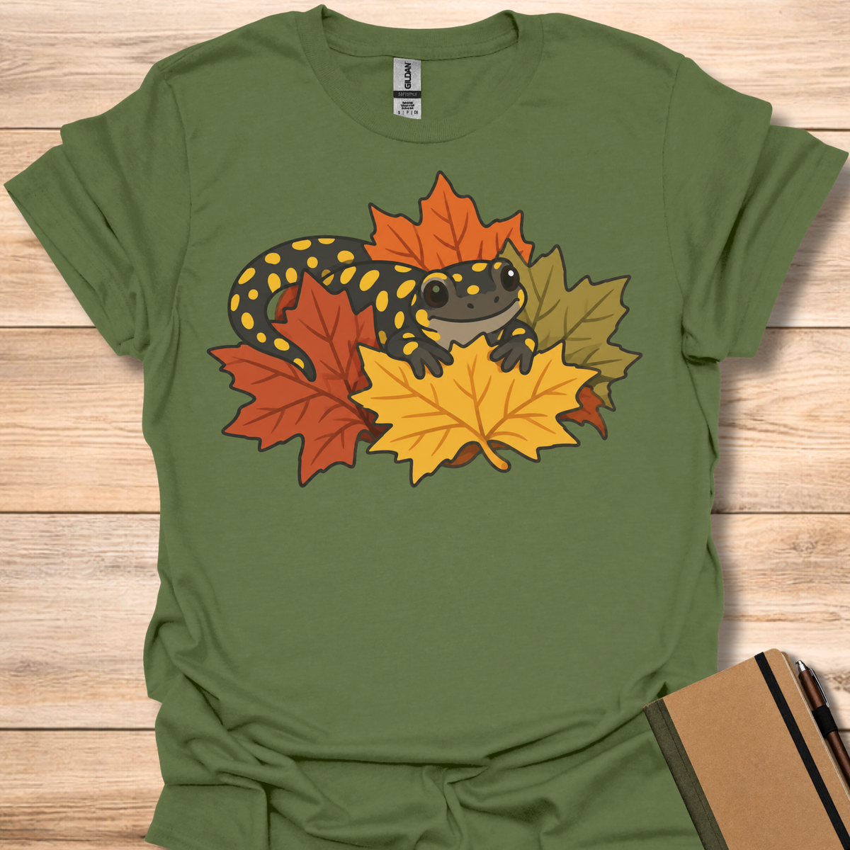 Spotted Salamander In Autumn Leaves - Military Green