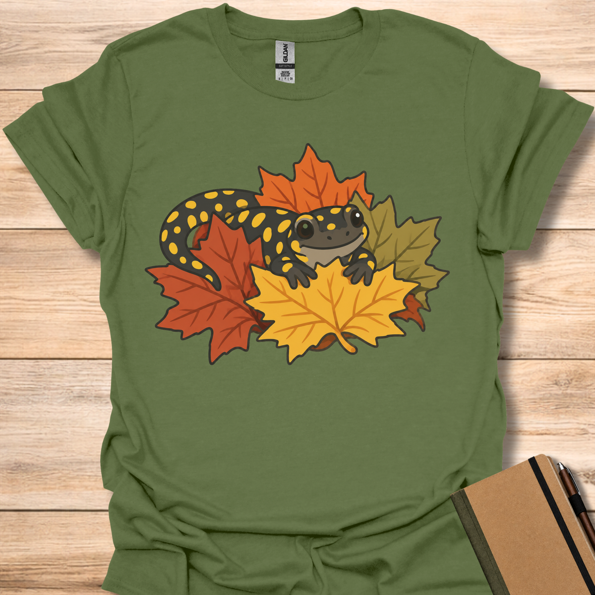 Spotted Salamander In Autumn Leaves - Military Green