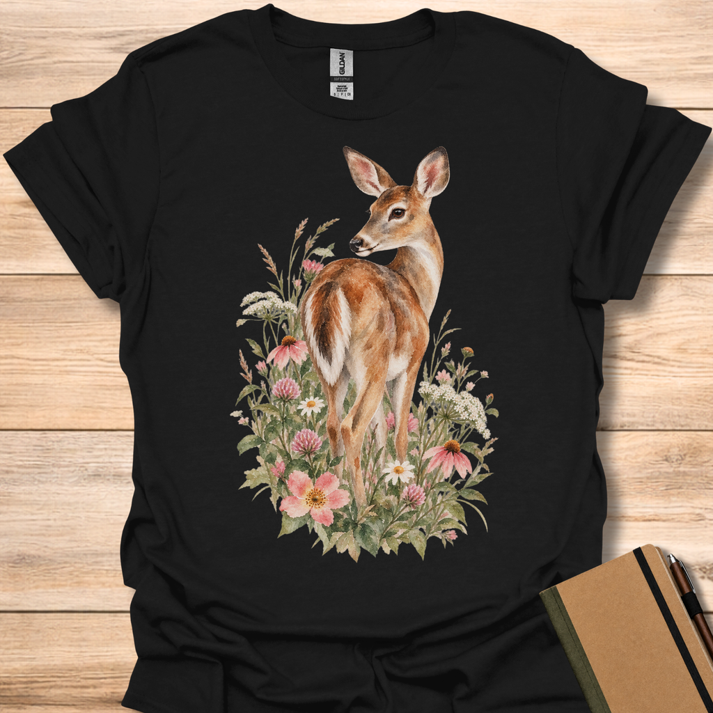 White-Tailed Deer Wildflower Watercolor - Black