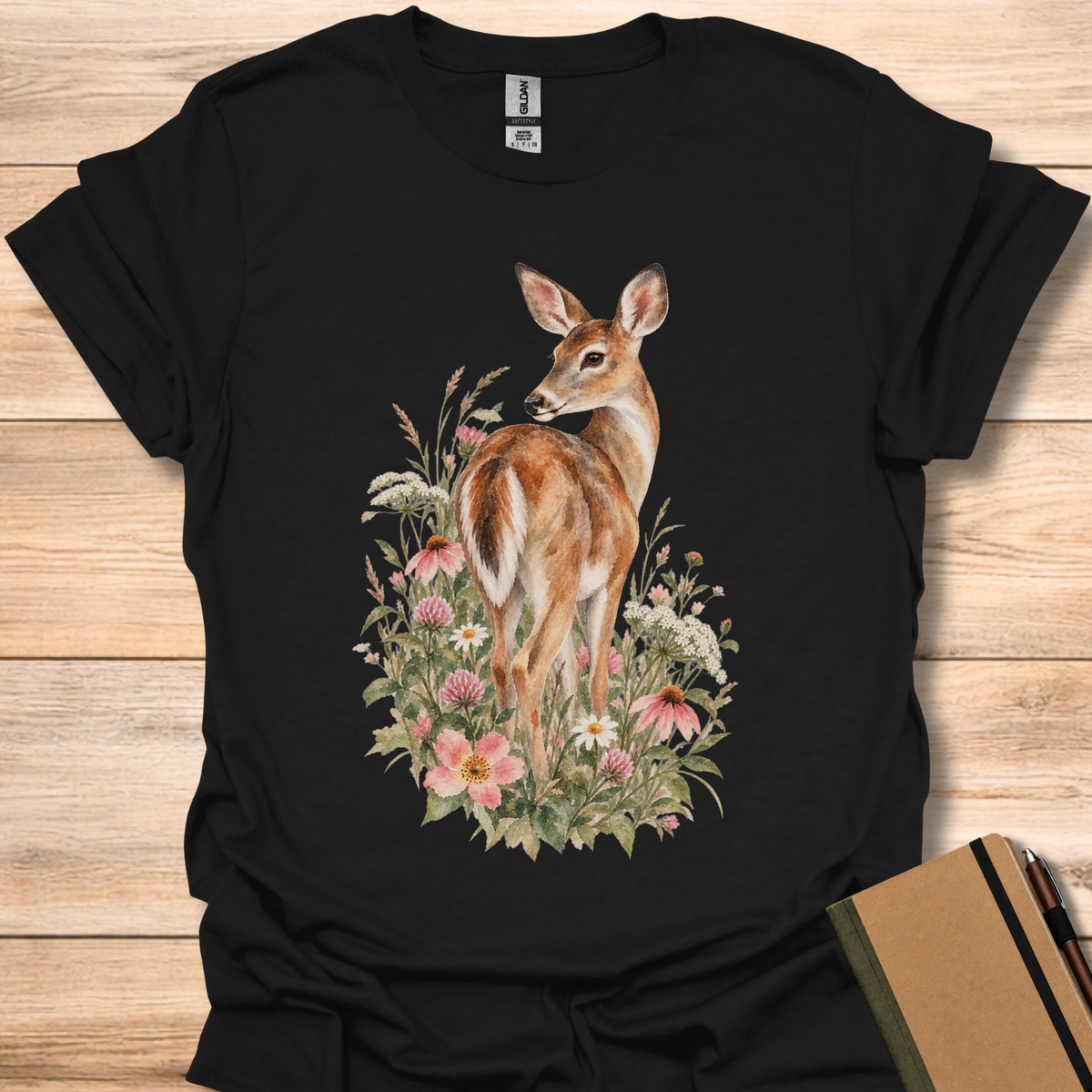 White-Tailed Deer Wildflower Watercolor - Black