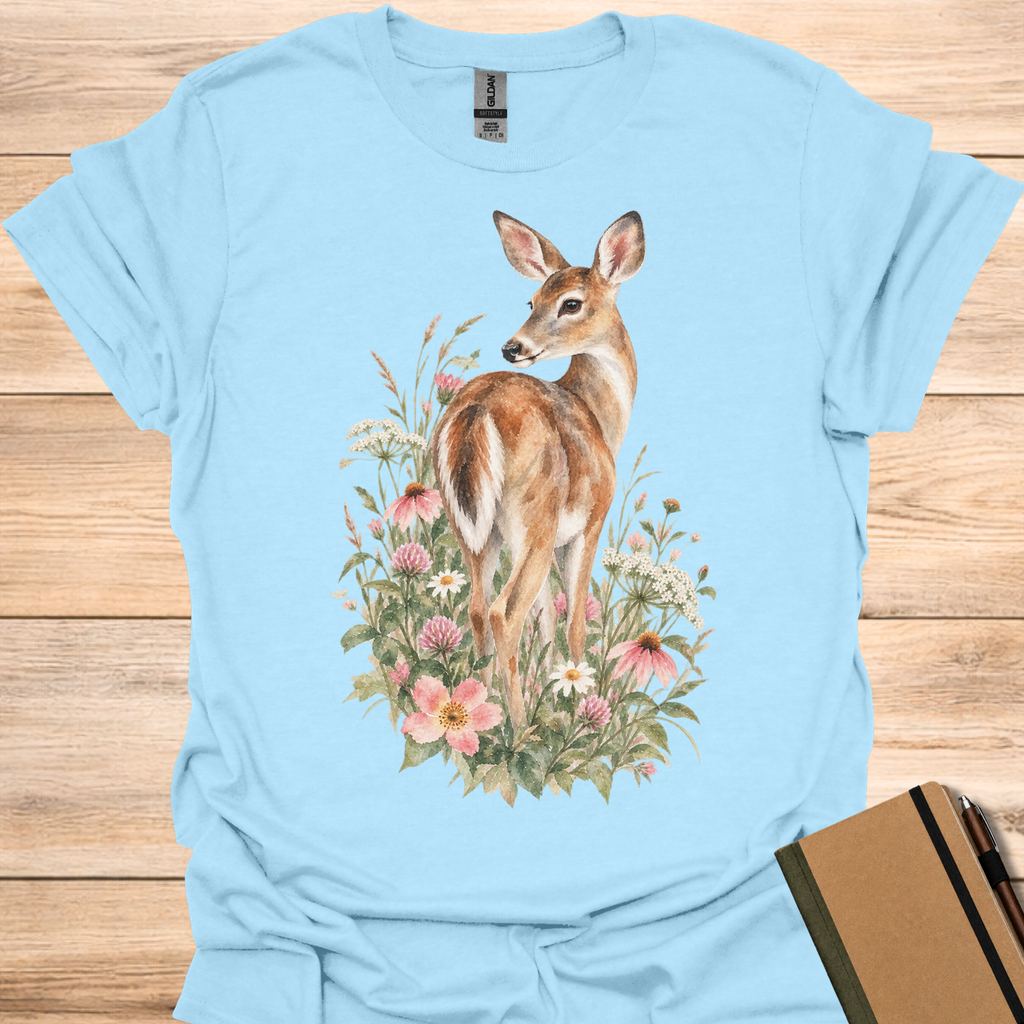 White-Tailed Deer Wildflower Watercolor - Light Blue