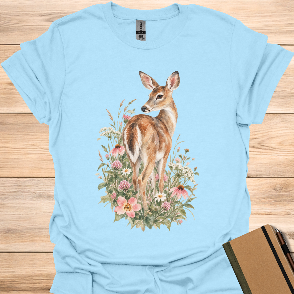 White-Tailed Deer Wildflower Watercolor - Light Blue