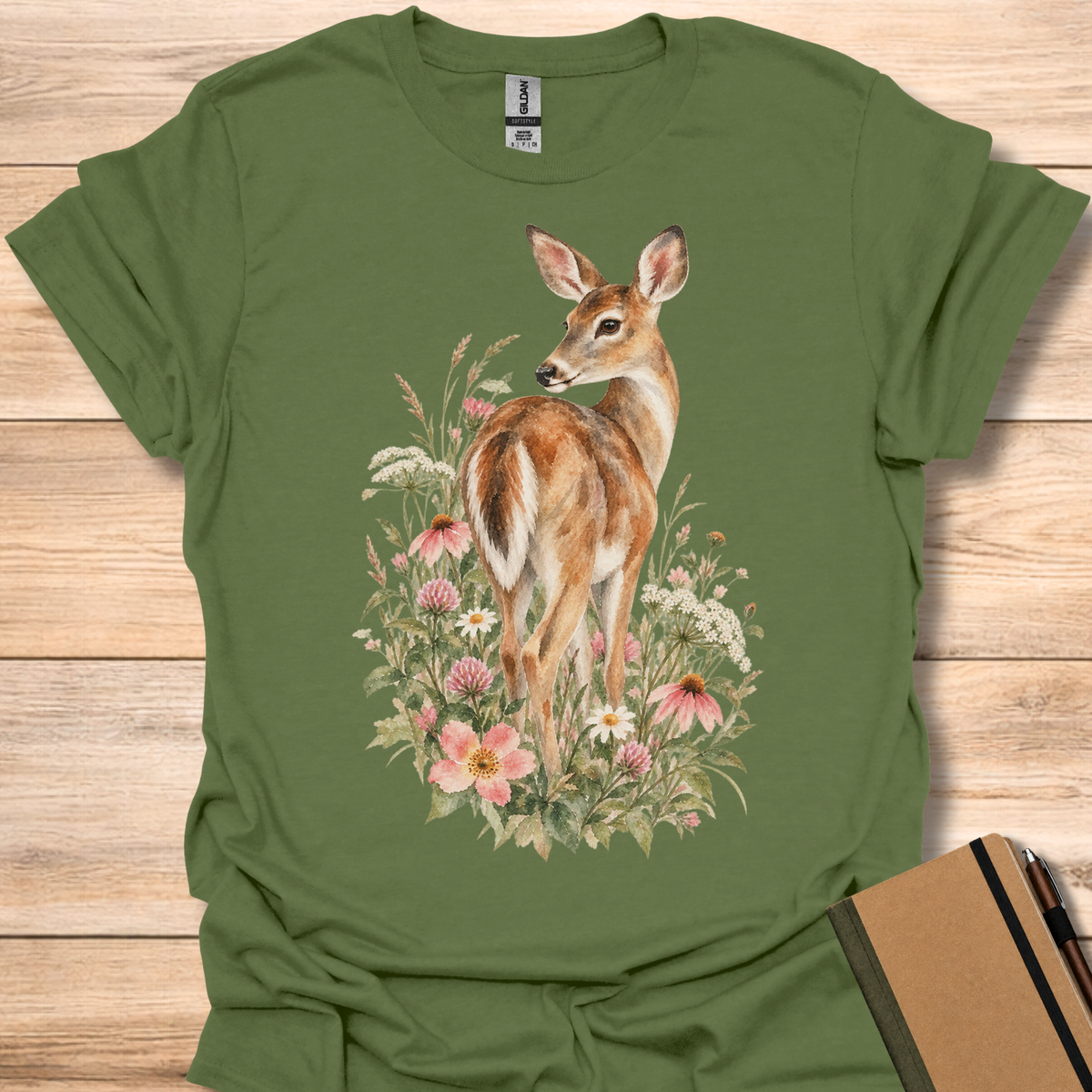 White-Tailed Deer Wildflower Watercolor - Military Green
