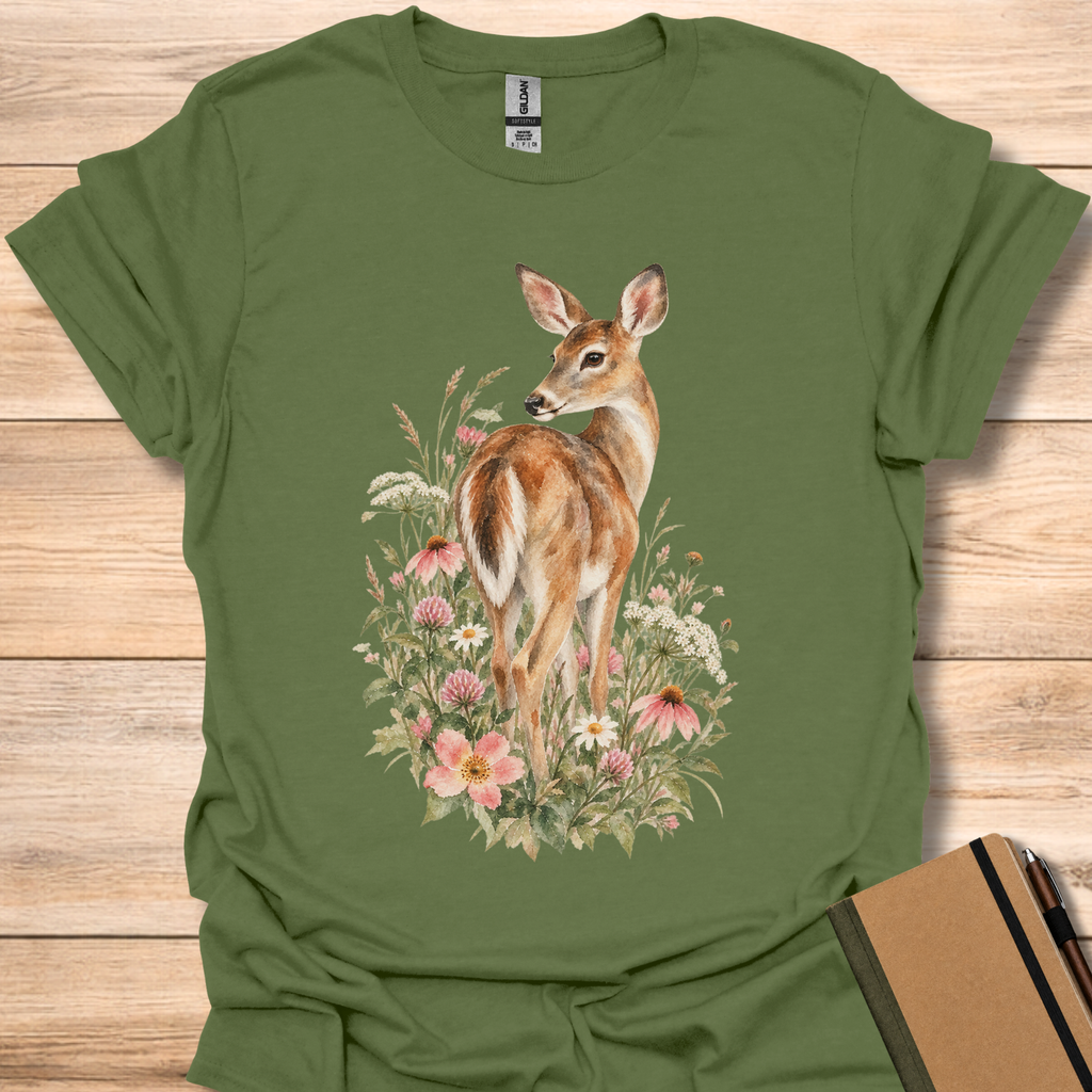 White-Tailed Deer Wildflower Watercolor - Military Green