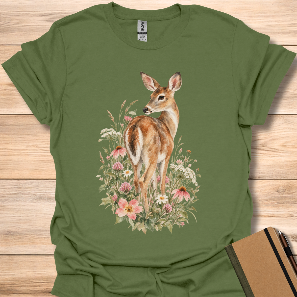 White-Tailed Deer Wildflower Watercolor - Military Green