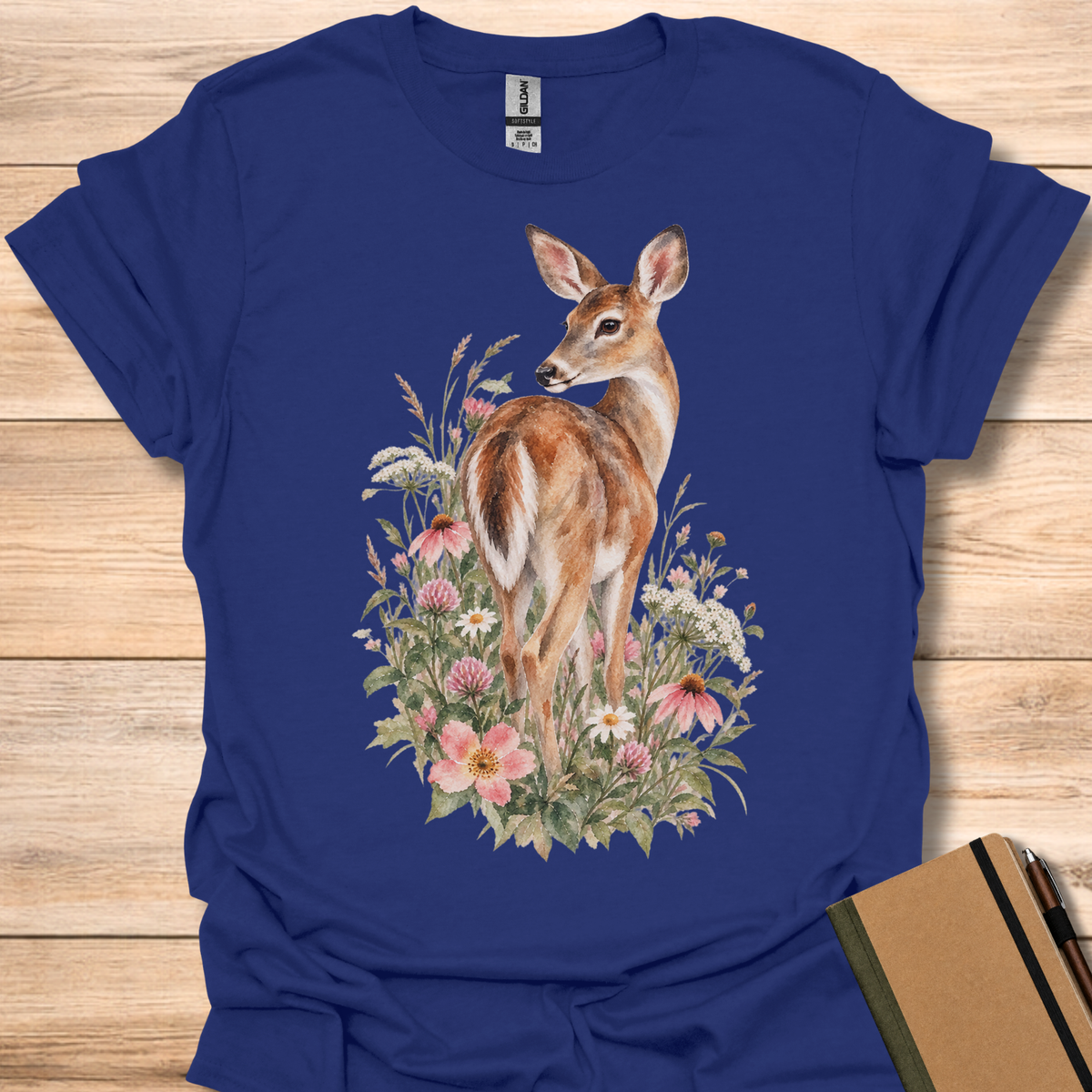 White-Tailed Deer Wildflower Watercolor - Navy